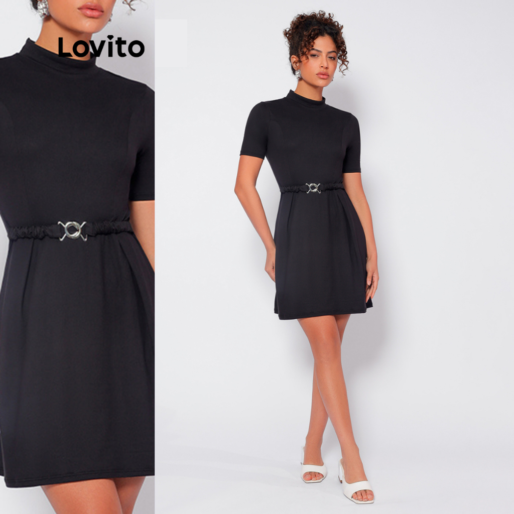 Lovito Vestido Modesto Liso com Fivela Feminino LB458BRL487 em Oferta na Shopee