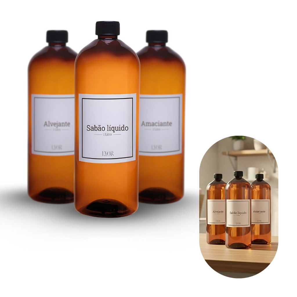 Kit Lavanderia c/ 3 Dispenser de 1 Litro Lyor, Sabão Líquido, Amaciante, Alvejante, Frasco, Pote