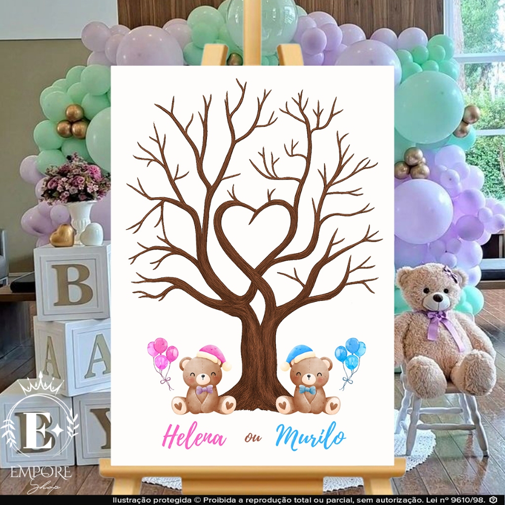 Quadro Placa Decorativa Chá Revelação Ursinho Balão Personalizado com Nome Menino ou Menina
