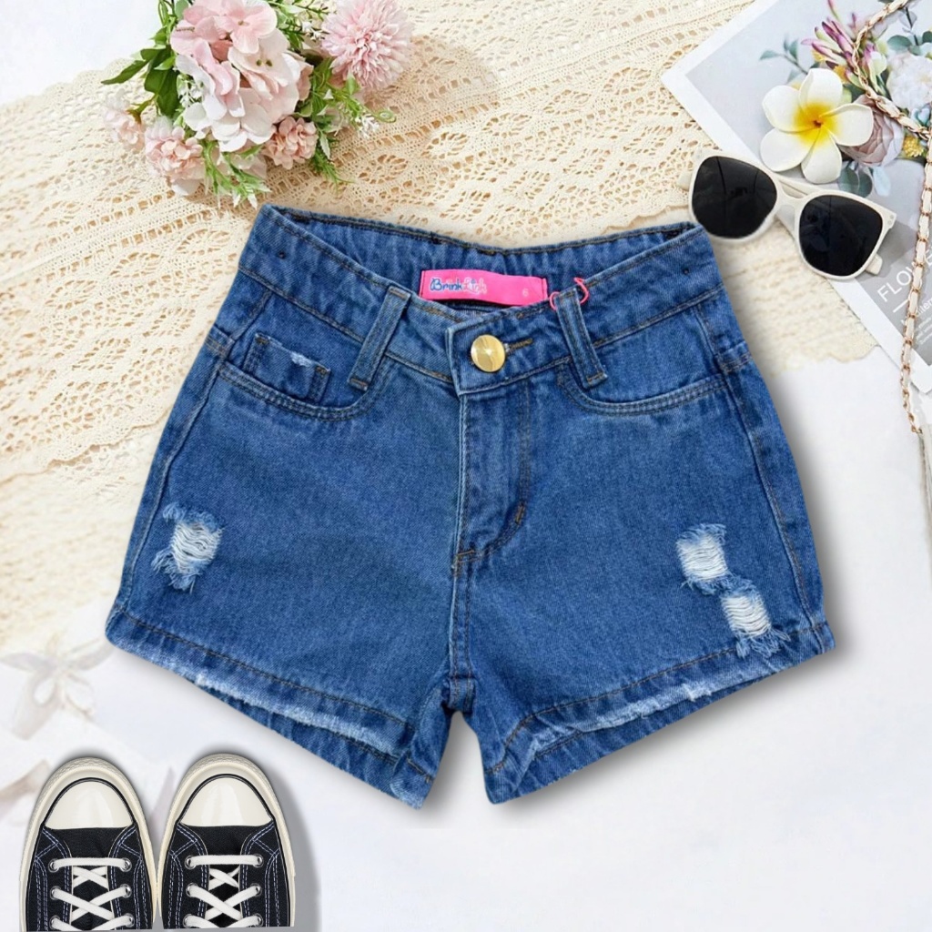 Short Jeans Rasgado Infantil Meninas com Ajuste na Cintura 4-16 Estiloso Tecido Grosso Blogueirinha