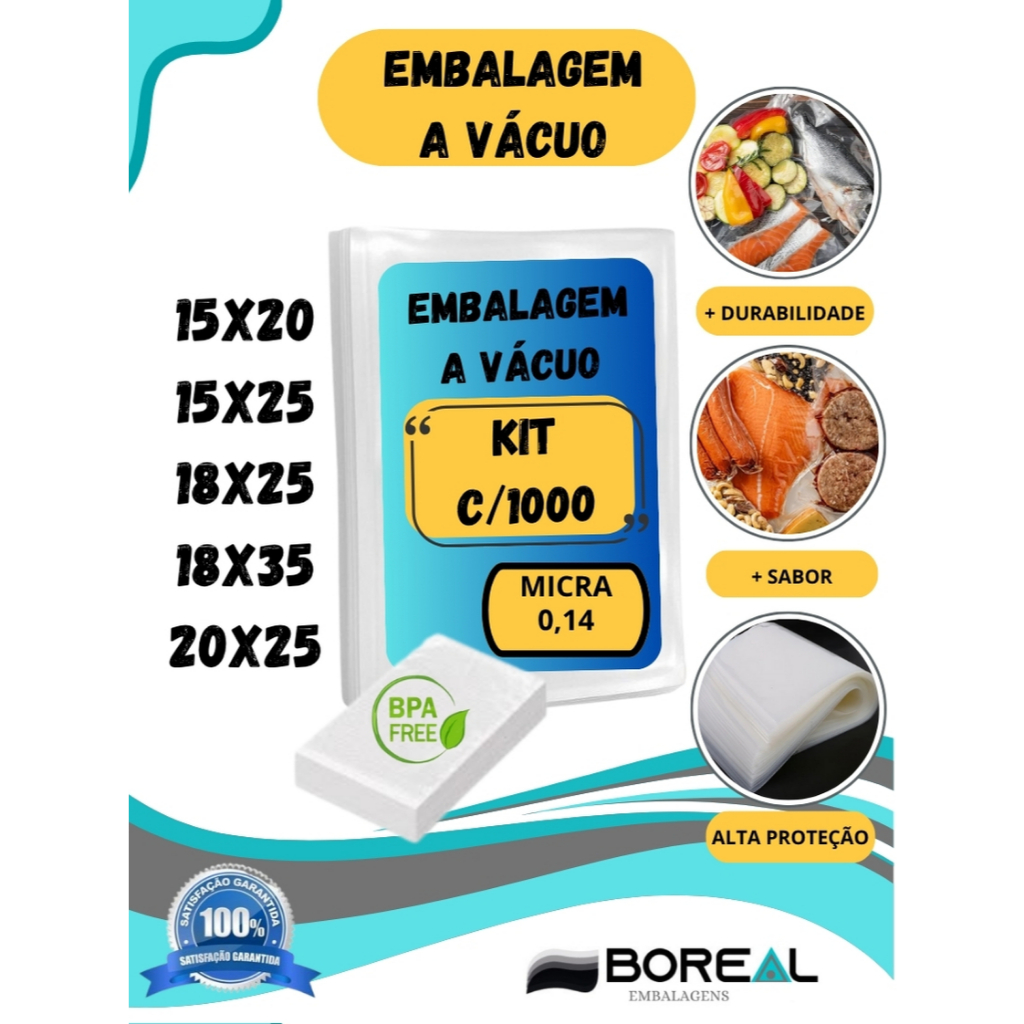 Sacos de Embalagem a Vácuo Lisa kit c/1000 – 15X20 - 15X25 – 18X25 – 18X35 – 20X25 Micra 14
