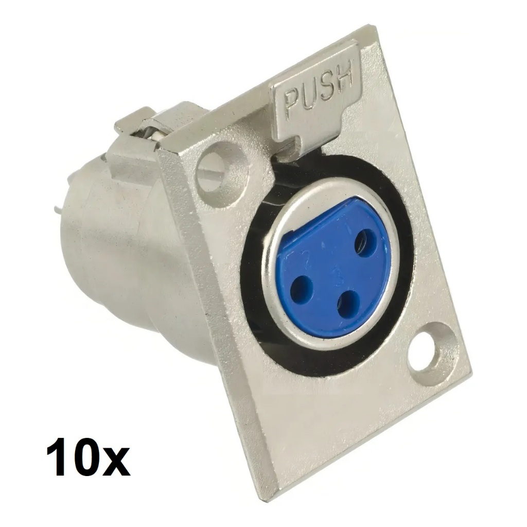 Plug Conector Xlr Canon Femea Painel Metal 3 Pinos 10 Peças Cor Prata Para Caixa de Som