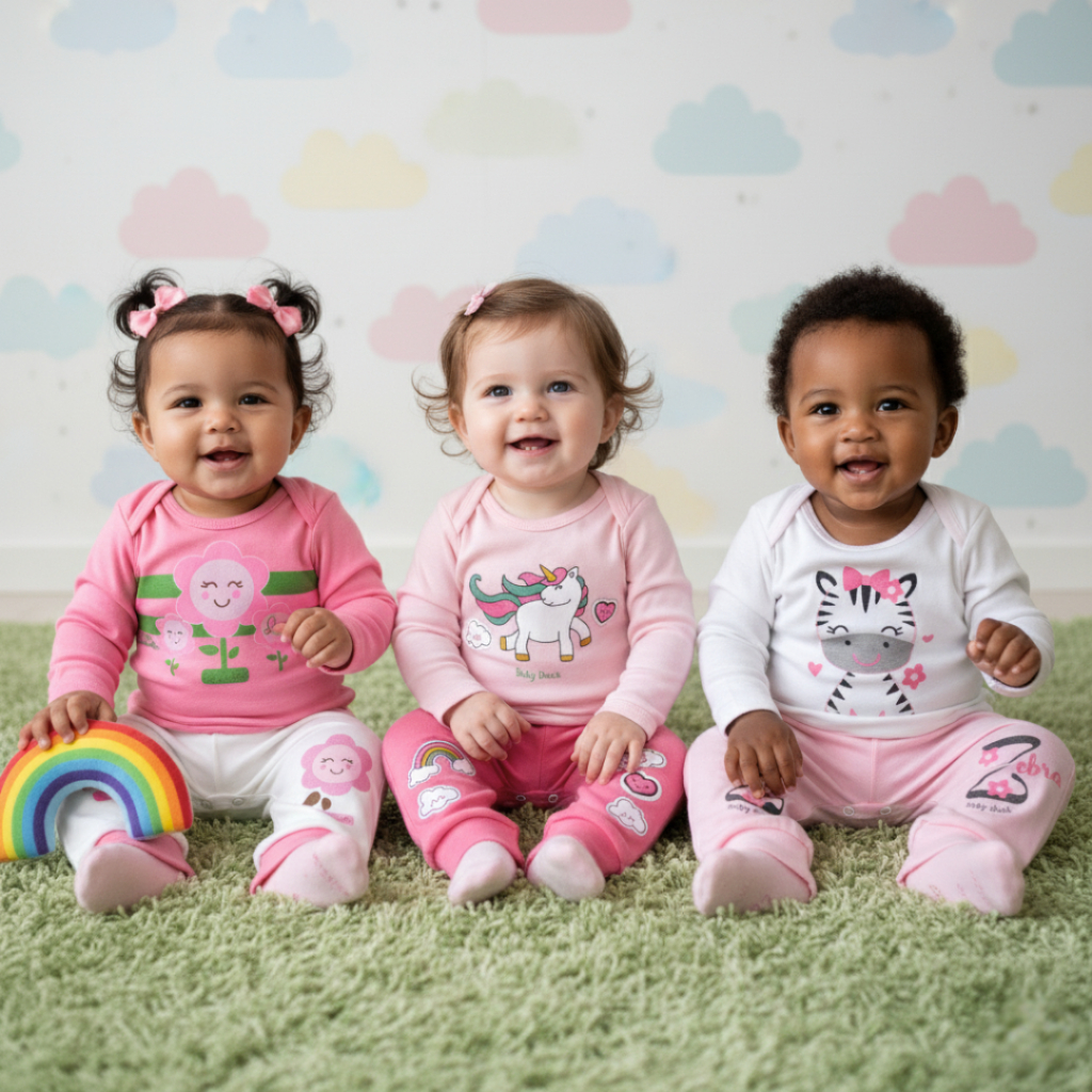 Conjunto Body Manga Longa e Calça Menina Estampas Variadas  - Baby Duck - 100% Algodão