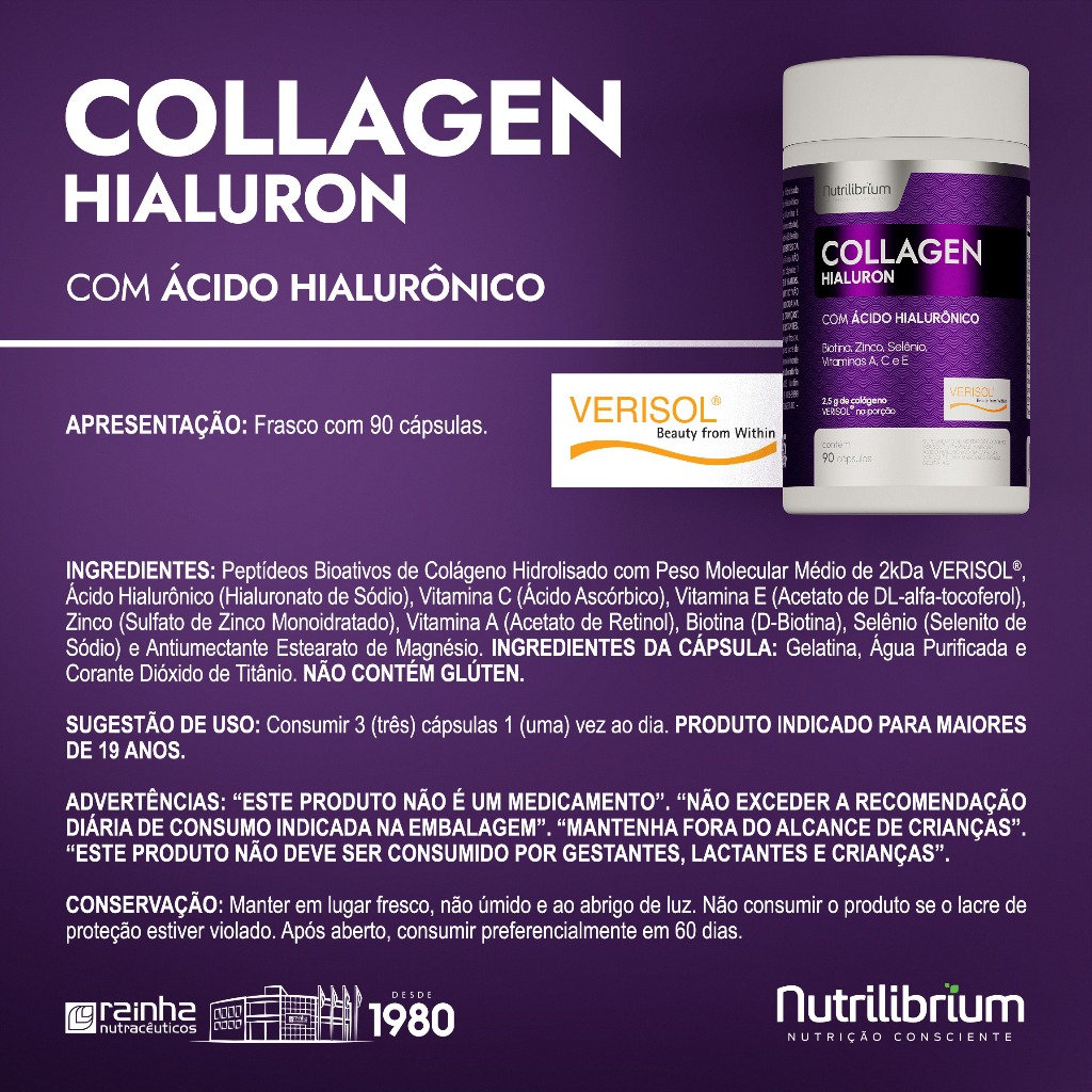 Detalhes do Colágeno Verisol Ácido Hialurônico 90 Caps + Colágeno Tipo 2 60 Caps Nutrilibrium