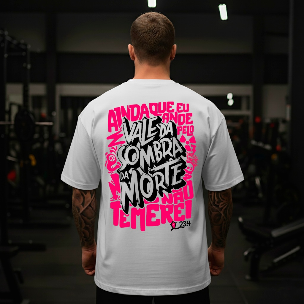Camiseta Oversized Religiosa Ainda Que Eu Ande Pelo Vale da Sombra Da Morte Blusão Oversized P ao G2