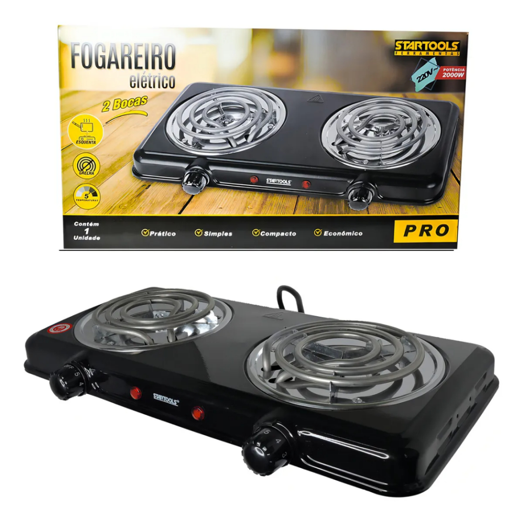 Fogareiro Elétrico Portátil 2 Bocas Praticidade, Eficiência Na Cozinha, kitnet, Áreas gourmet, Acampamentos 220V - Preta