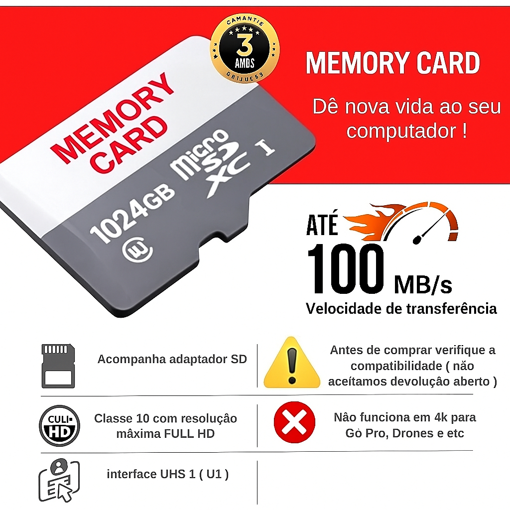 Cartão De Memória Smartphone MicroSD 64GB 128GB 256GB 512GB 1TB 2TB Cartão pra Celular Smartphone