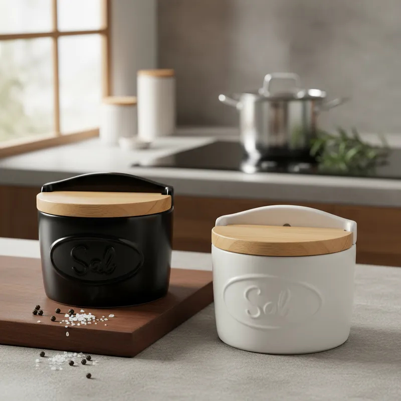 Saleiro De Porcelana Com Tampa De Madeira Elemento Essencial em Oferta na Shopee