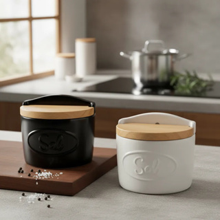 Saleiro De Porcelana Com Tampa De Madeira Elemento Essencial em Oferta na Shopee