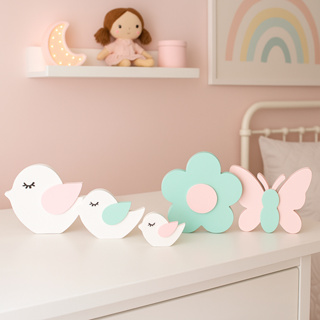 Kit Decorativo 3 Passarinhos Arco-Íris Nuvem Flor Borboleta Enfeite Festa Aniversário Infantil Céu Encantado MDF em Oferta na Shopee