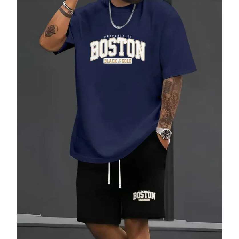 Camiseta Conjunto Boston 100% Algodão Bermuda de Moletom Short com Bolso Masculina Academia Casual Treino