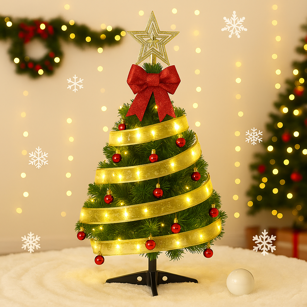 PINHEIRO NATALINO COM DECORAÇÃO COMPLETA E LED DOURADO 60CM