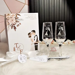 Kit Luxo de Caixa + 2 Taças Buffet Champanhe + Espátula - Personalizados / Dm jateados