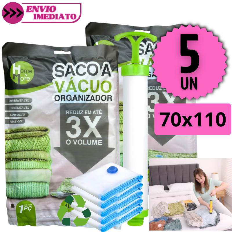 Kit 5 Sacos a Vácuo 70x110 Bomba Manual Organizador Roupas Viagem Edredom Impermeável Reutilizável