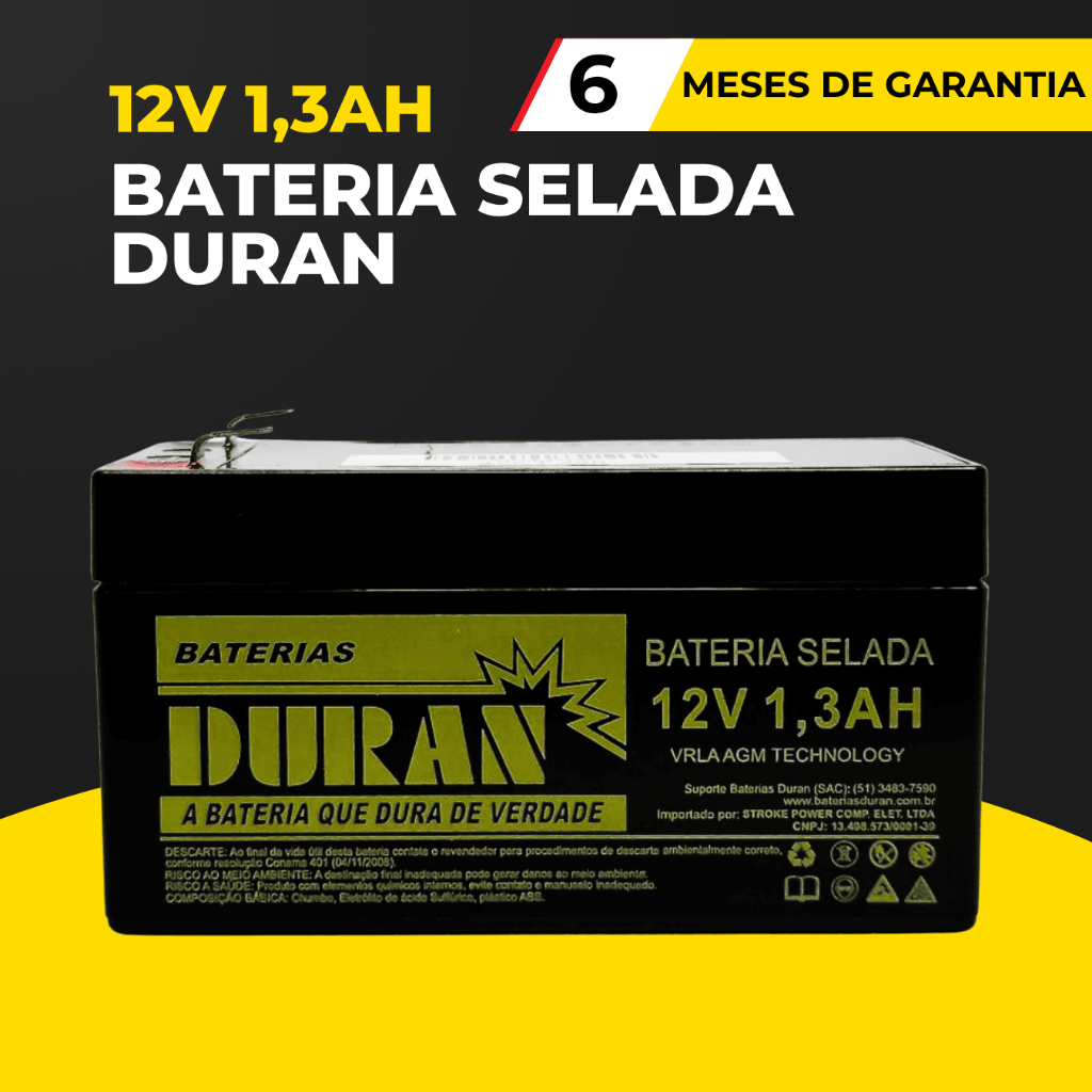 Bateria Duran 1,3AH 12V Recarregável para Relógio de Ponto, Alarmes, Rastreador, Balança