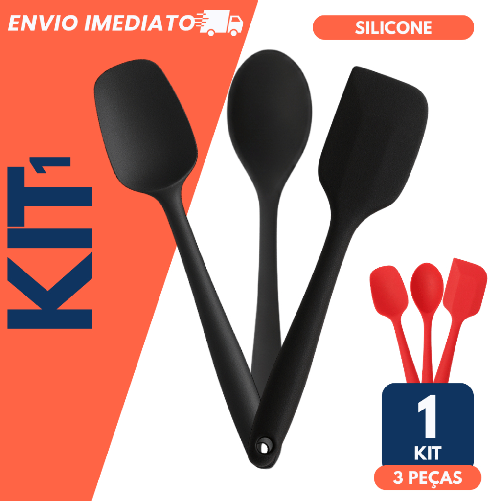Kit Cozinha Silicone 3 Peças Colher Espátula Reta e Pão Duro Resistência Confeitaria Bolo Páscoa