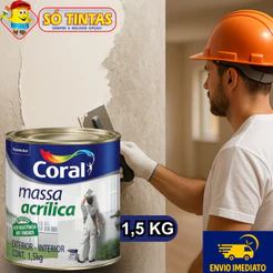 Massa Acrílica Coral 1,5kg, Para Paredes Internas e Externas, Áreas Úmidas, Acabamento Liso e Fino