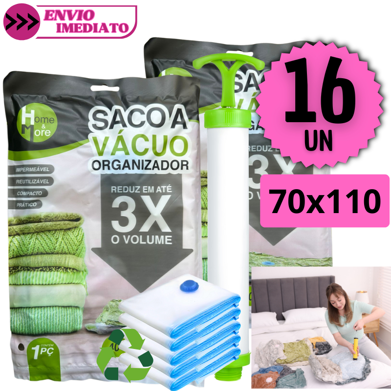 Kit 16 Sacos a Vácuo 70x110 Bomba Manual Organizador Roupas Viagem Edredom Impermeável Reutilizável