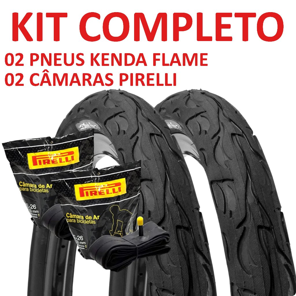 Kit com 2 Pneus Flame Kenda + 2 Camaras Pirelli Aro 26 - Pneu Largo 57mm Flame Fogo Freeride Grau (2 Pneu + 2 Camara)