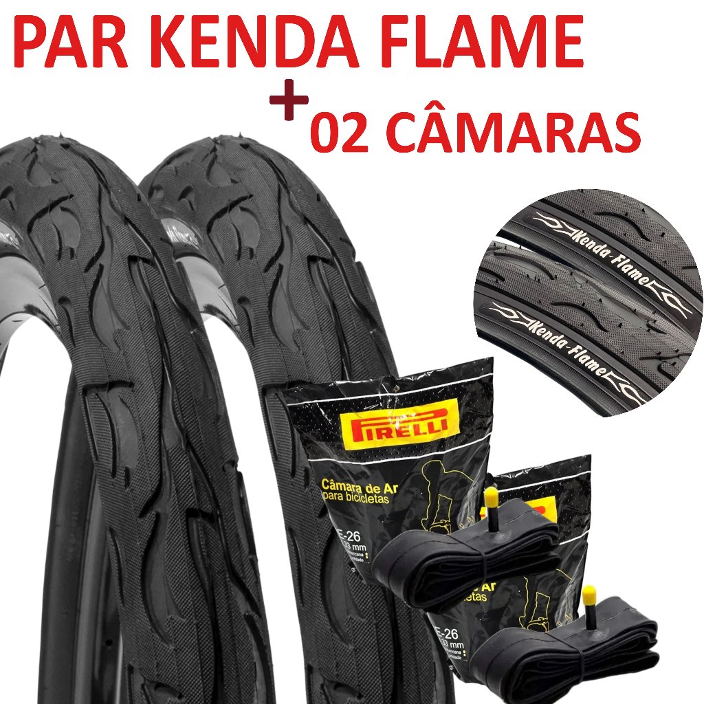 Par Pneus Kenda Flame + 2 Camaras Pirelli Aro 26 Bico Grosso Americana - Compatível com Aros 559mm (2 Pneu + 2 Camara)