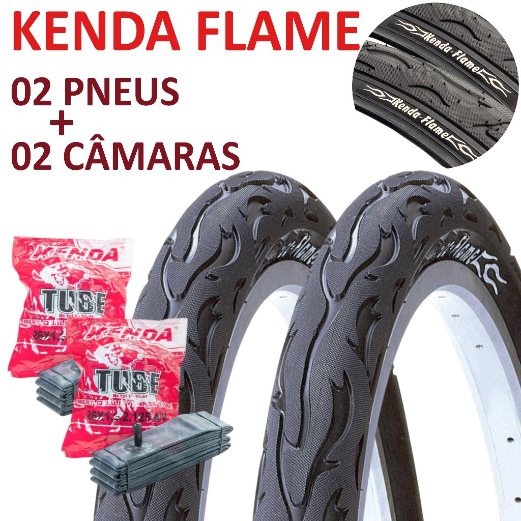 Kit com 2 Pneus Kenda Flame 26x2.125 + 2 Câmaras de Ar Kenda – Encaixe Padrão Aro 26 (559mm) Mtb