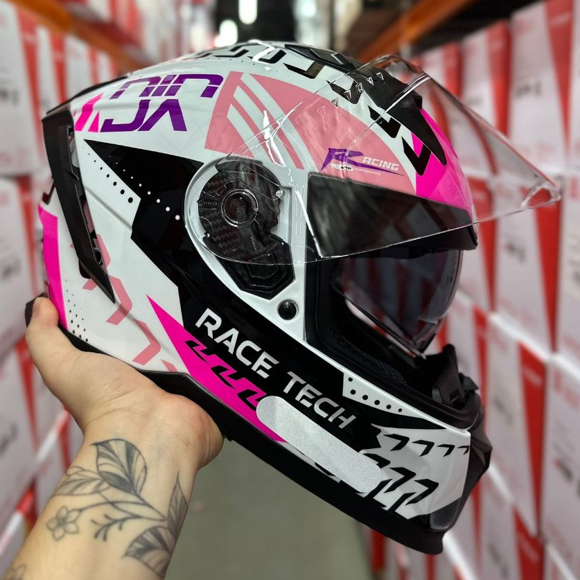 CAPACETE RACE TECH VOLT COM ÓCULOS SOLAR FEMININO NINJA BRANCO ROSA LILÁS + NARIGUEIRA TOP