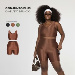 Conjunto Fitness Plus Size – Top Alça Larga e Short Cós Alto Canelado Brilho Modelador Confortável
