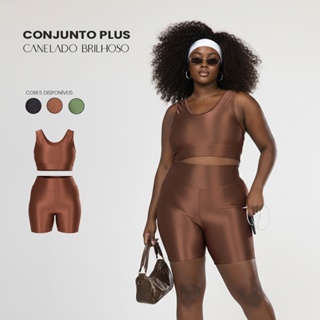 Conjunto fitness canelado Plus Size feminino academia top e Short esportivo com brilho em Oferta na Shopee