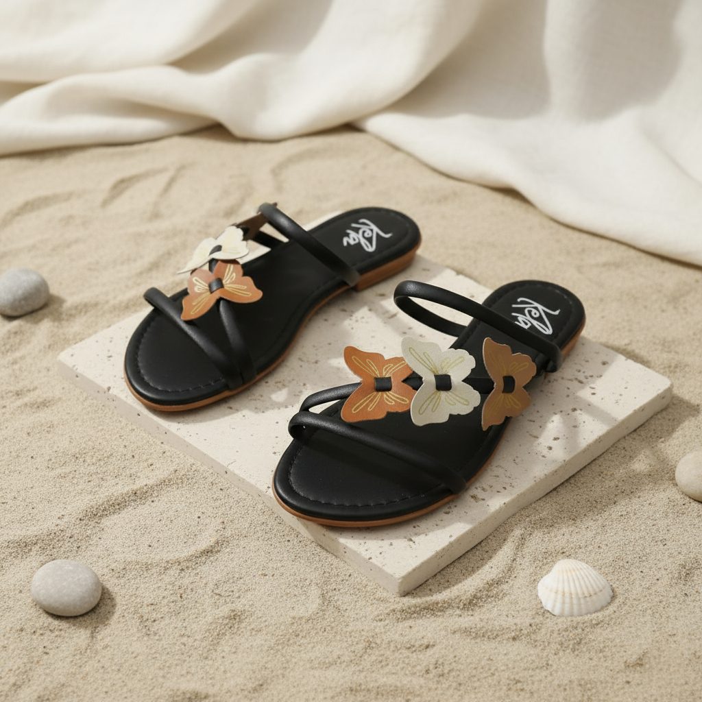 Sandália rasteira preta com detalhes em formato de borboleta