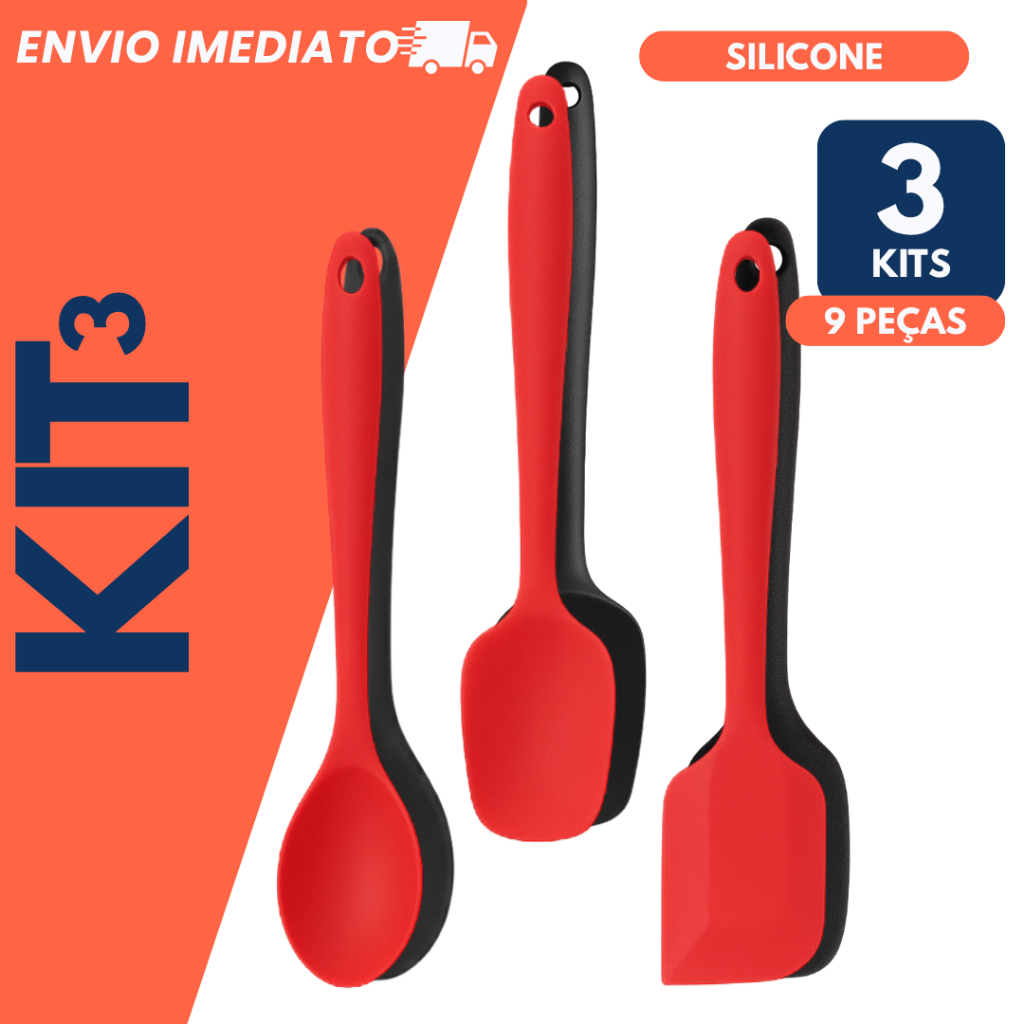 3 Kits Utensilios Silicone Premium Colher Espátulas Reta Pão Duro Multiuso Massa Brigadeiro Páscoa