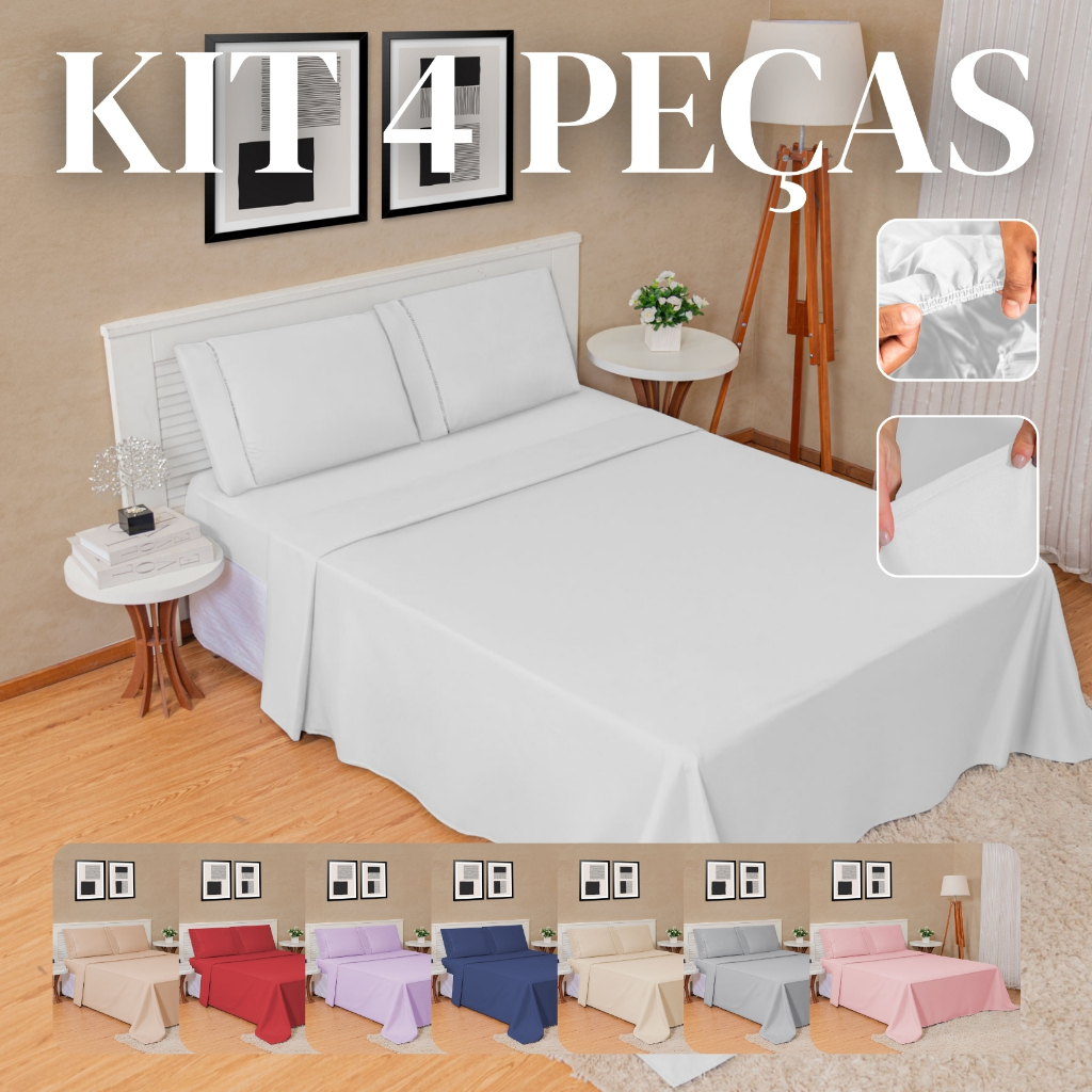 Kit 4 Peças Jogo de Lençol 400 Fios Micropercal – Solteiro Casal, Queen e King