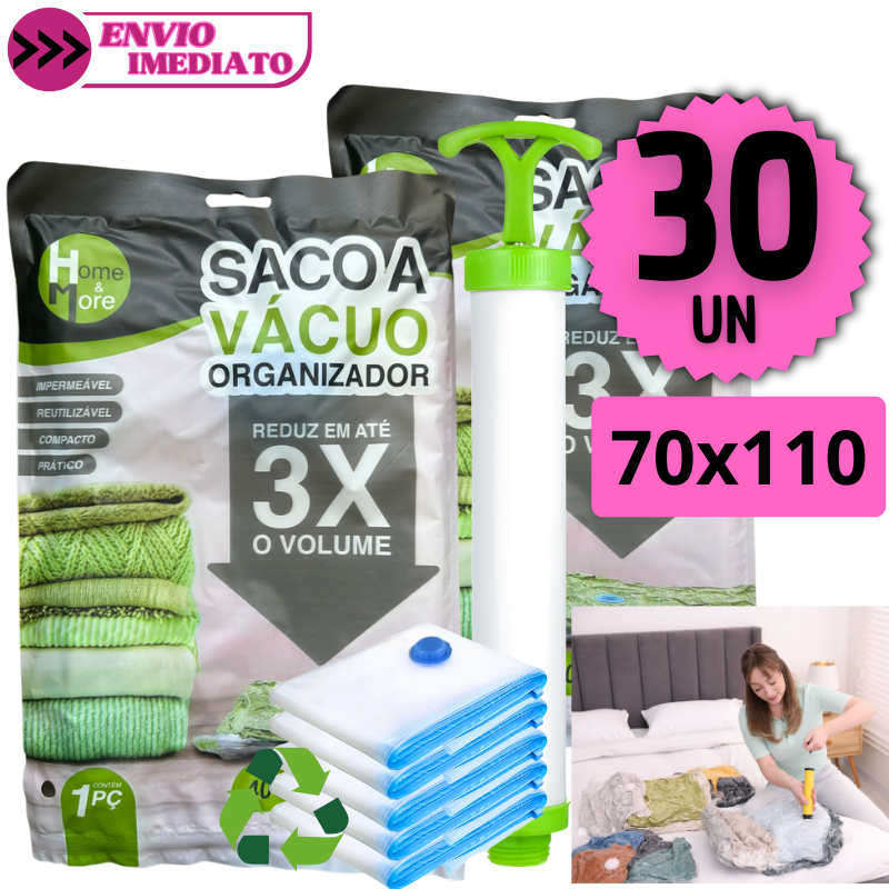 Kit 30 Sacos a Vácuo 70x110 Bomba Manual Organizador Roupas Viagem Edredom Impermeável Reutilizável