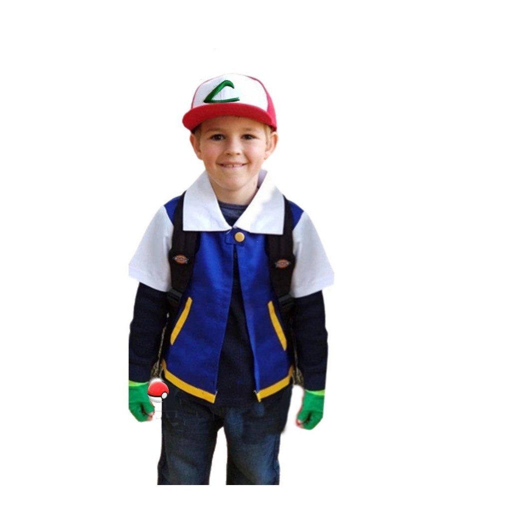 Fantasia Ash Pokemon Colete + Boné + Luva + Pokebola