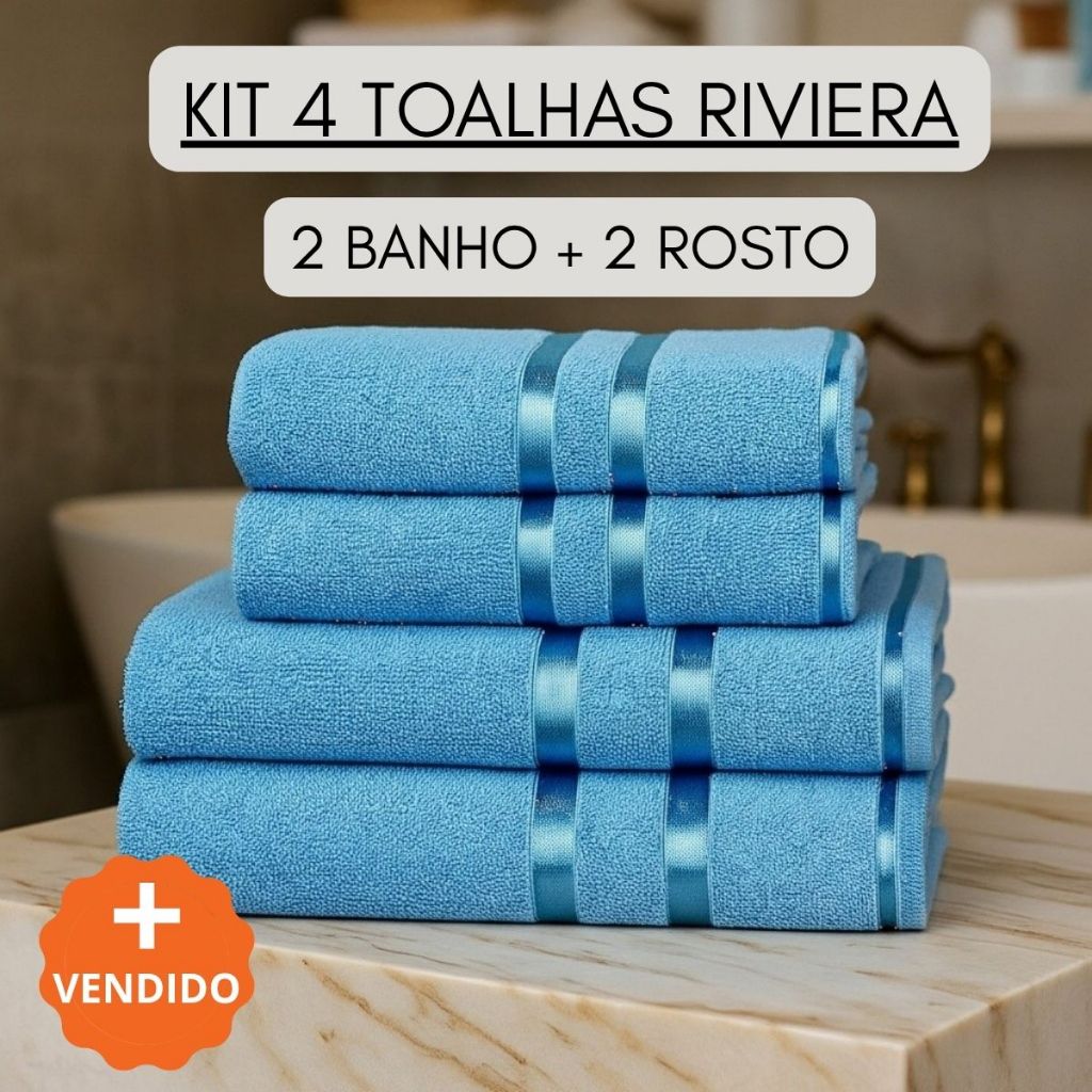 Kit 4 Toalhas Riviera 2 Banho + 2 Rosto Em Algodão 100% Premium
