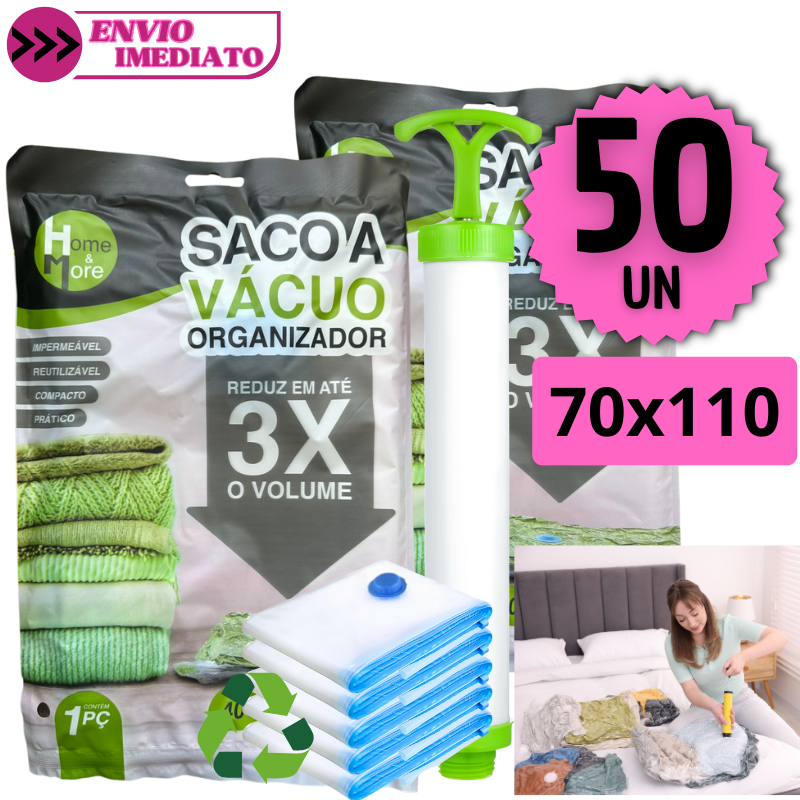 Kit 50 Sacos a Vácuo 70x110 Bomba Manual Organizador Roupas Viagem Edredom Impermeável Reutilizável