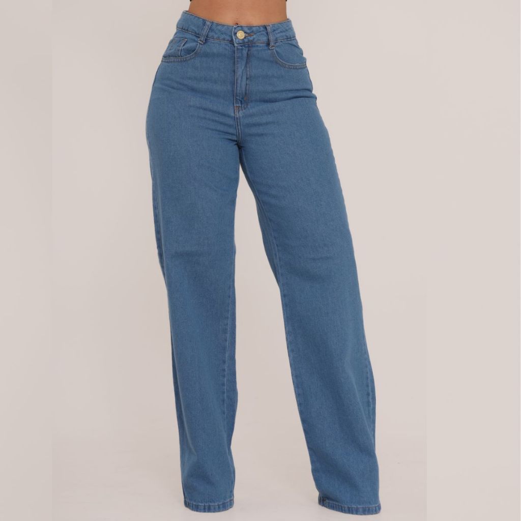Calça Jeans Feminina Wide Leg Cintura Alta Tecido Grosso Pantalona Premium 100% Algodão Blogueira em Oferta na Shopee