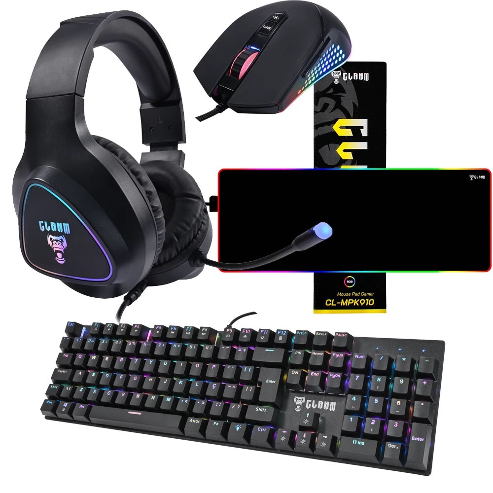 Kit Gamer 4 em 1 Headset HM709 Preto Teclado TK87 Mecânico Mouse MK043 Mousepad 