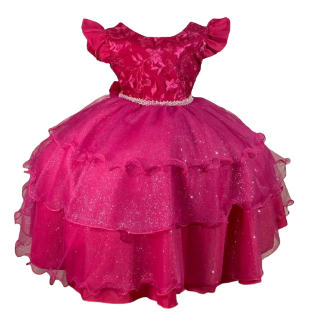 Vestido de Festa Pink Infantil Pérolas Babado Brilho Luxo d5008