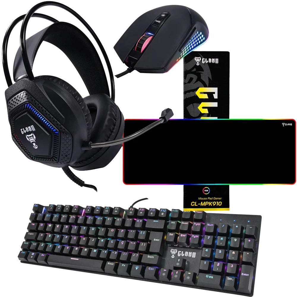 Kit Gamer 4 em 1 Headset HJ507 Teclado TK87 Mecânico Mouse MK043 Mousepad MPK910