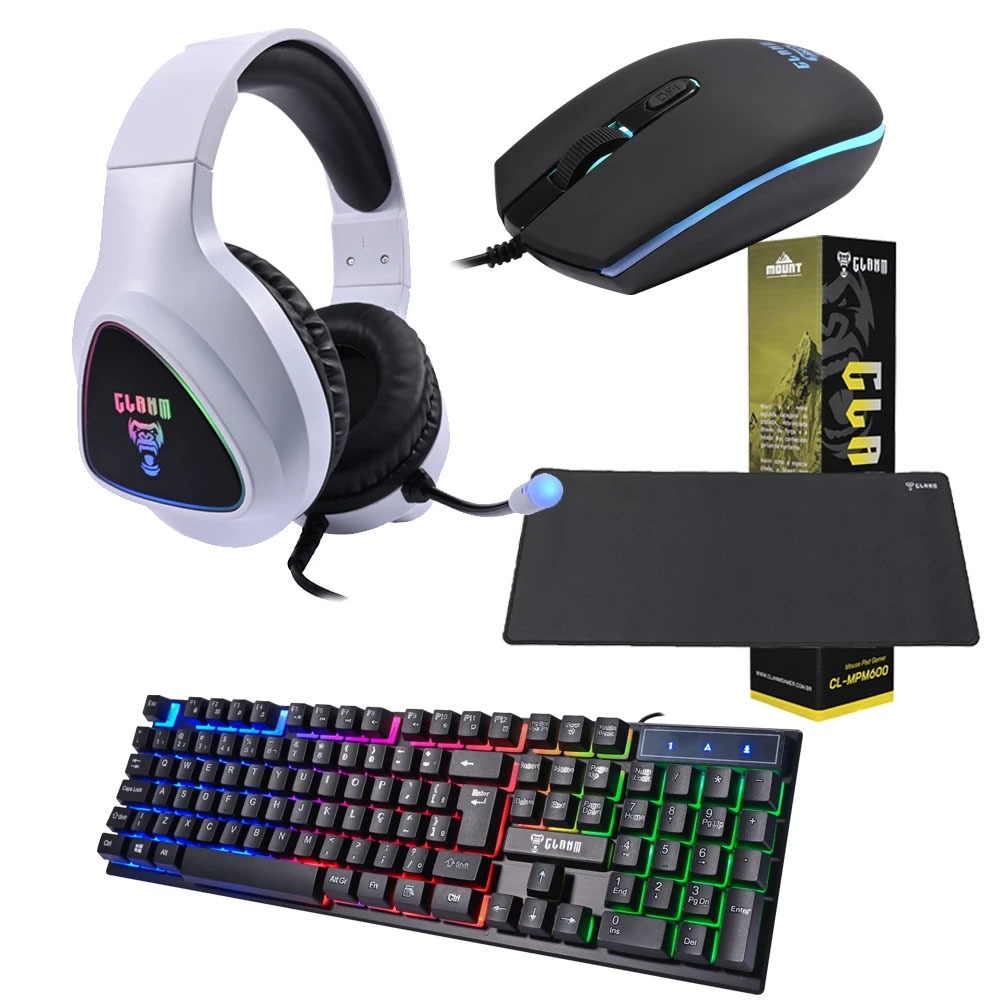 Kit Gamer 4 em 1 Headset HM709 Branco Teclado TJ8313 Mouse MJ003 Mousepad MPK600 Games game jogo