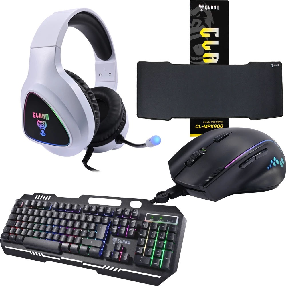 Kit Gamer 4 em 1 Headset HM709 Branco Teclado TM8153 Mouse MM386 Mousepad MPK900 Games jogos game