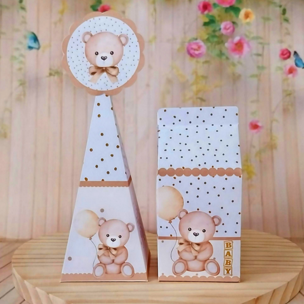 Kit Festa Chá Revelação Ursinho Bege - Pegue e Monte - Caixinhas para Festa - Lembrancinha Infantil