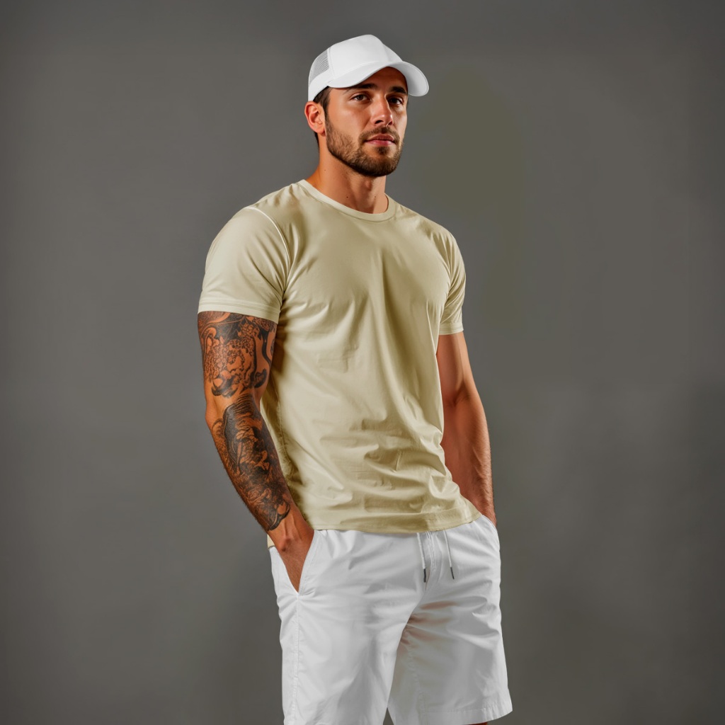 Conjunto Camiseta Básica Lisa Colorida 100% Algodão Com Short Tactel Branco e Boné Branco