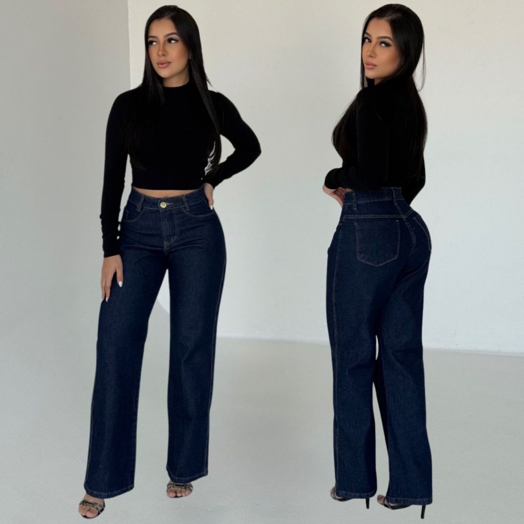 Calça Jeans feminina Wide Leg Pantalona boca larga cintura alta premium 100% Algodão Marmorizada