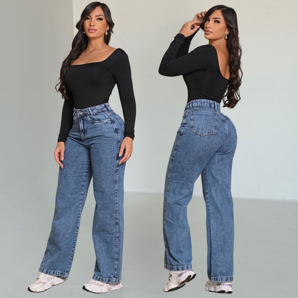 Calça Jeans feminina Wide Leg Marmorizada Pantalona boca larga cintura alta premium 100% Algodão