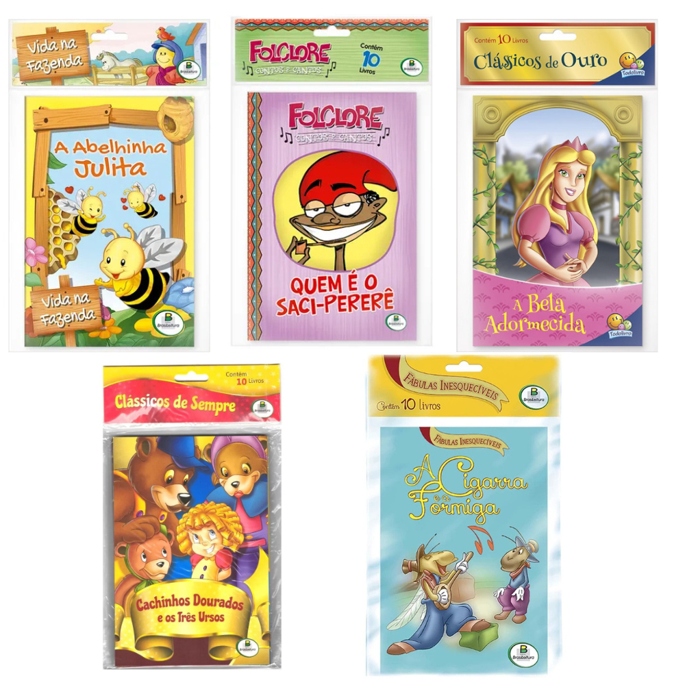 Kit com 10 Livros Infantis Educativos – Clássicos, Fábulas e Folclore Brasileiro Ilustrado