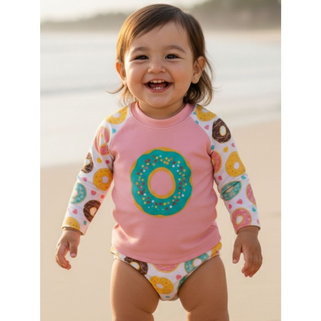 Conjunto de Proteção Solar UV 50+ Bebê Menina Infantil Blusa Manga longa Calcinha Rosa Donuts Verão