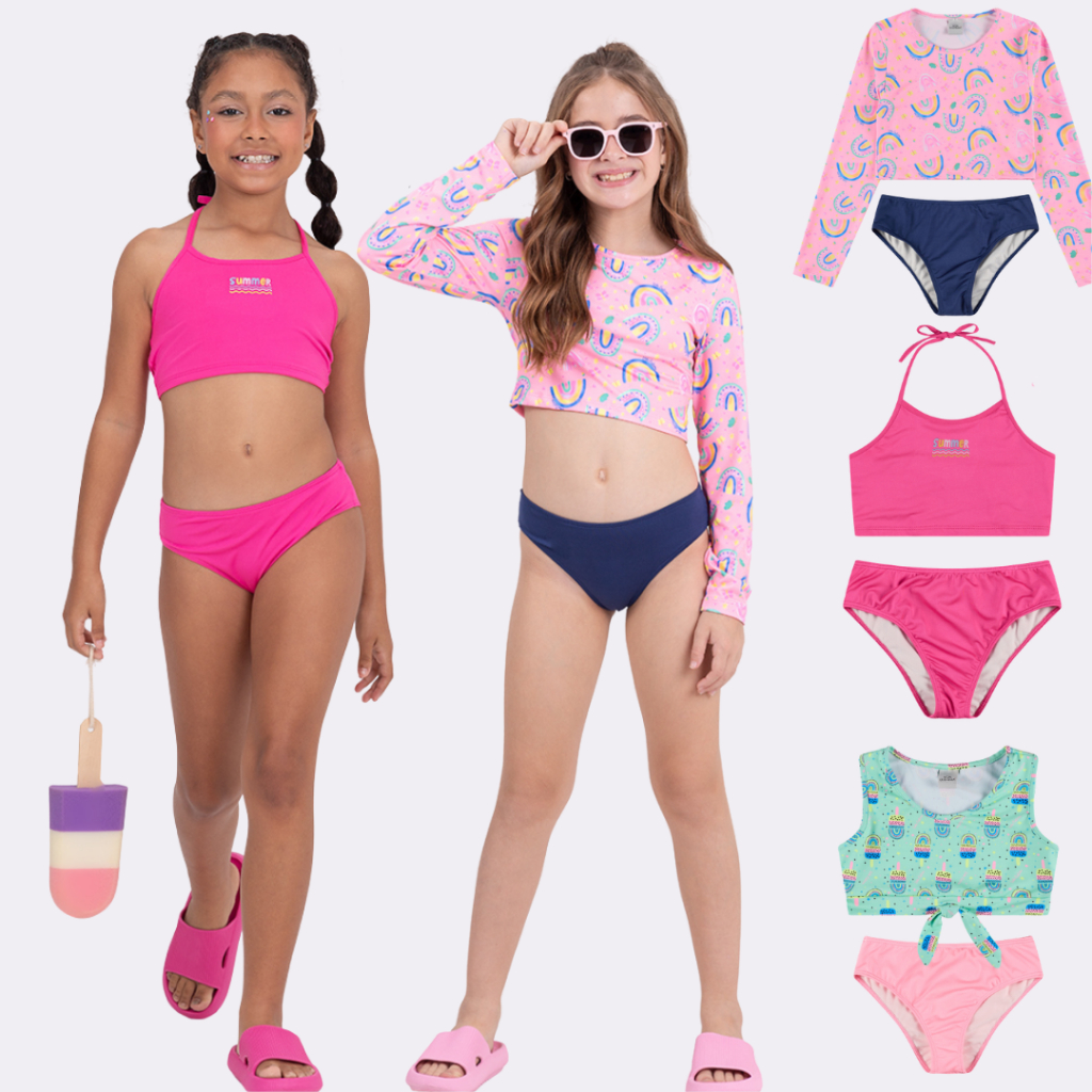 Kit 3 Conjuntos Infantil Rosa Menina Praia e Piscina