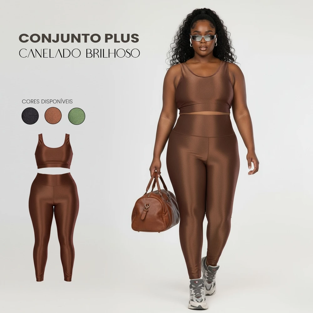 Conjunto Fitness Plus Size Feminino Premium – Top Alça Larga e Legging Cós Alto Canelado Brilhoso — imagem 1