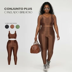 Conjunto Fitness Plus Size Feminino Premium – Top Alça Larga e Legging Cós Alto Canelado Brilhoso